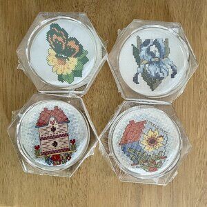 Set of 4 Acrylic Coasters MCG Textiles Cross Stitch Kit floral Bird House